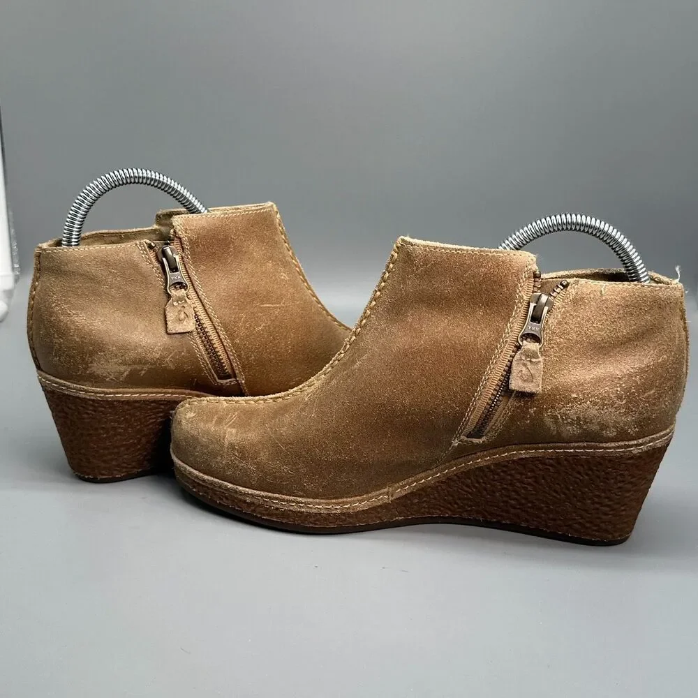 Olukai Humu Women's 9.5 Brown Suede Leather Wedge Heel Side Zip Ankle Boots Shoe